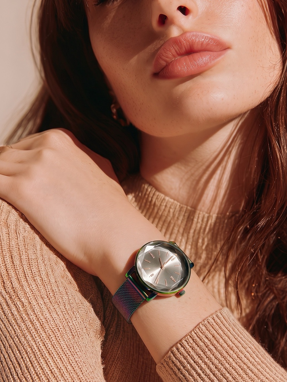 Iridescent Mesh Band Watch with Silver Gray Dial